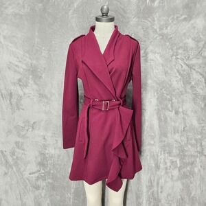 Agaci Womens M Burgundy Ruffle Belted Trench Style Jacket Stretchy‎ Career Chic